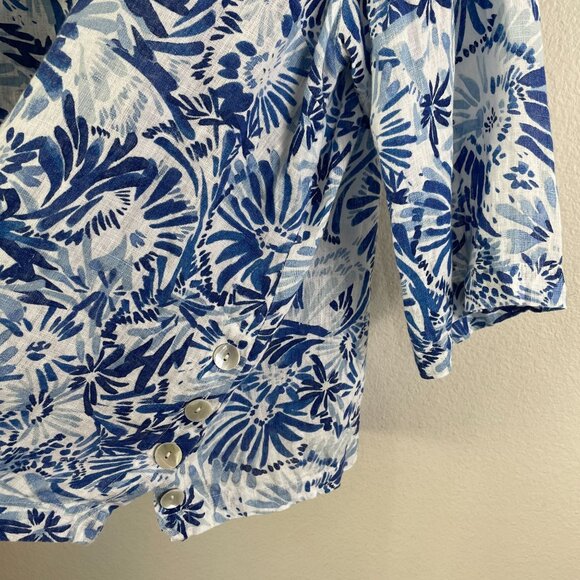 Cynthia Rowley Womens Plus 2X Blue White Floral 100% Linen Button Up Shirt - Picture 8 of 10